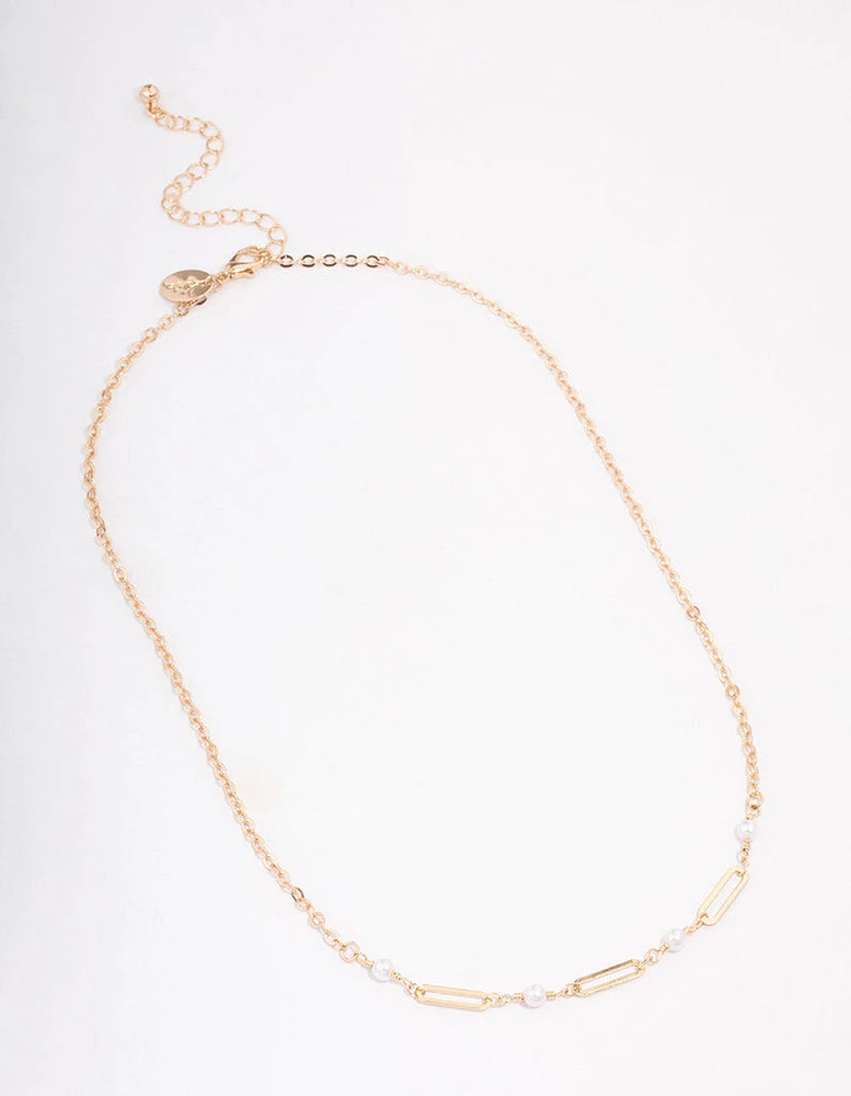 Gold Pearl Rectangle Link Short Necklace