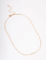 Gold Pearl Rectangle Link Short Necklace