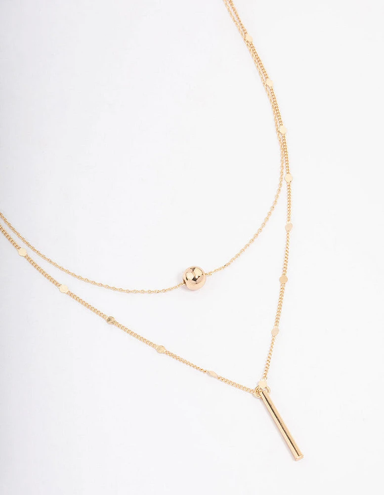 Gold Bar & Ball Double Chain Short Necklace