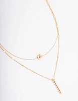 Gold Bar & Ball Double Chain Short Necklace