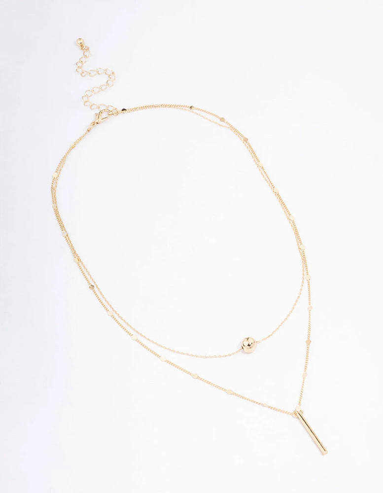 Gold Bar & Ball Double Chain Short Necklace