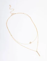 Gold Bar & Ball Double Chain Short Necklace