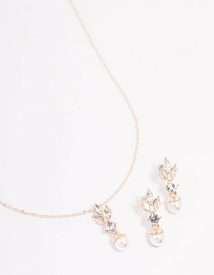 Rose Gold Leafy Diamante & Pearl Jewellery Set