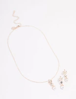 Rose Gold Leafy Diamante & Pearl Jewellery Set