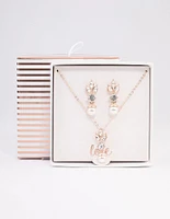 Rose Gold Leafy Diamante & Pearl Jewellery Set