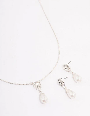 Silver Pearl Halo Drop Jewellery Set