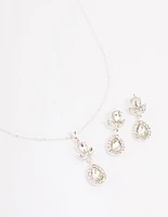 Silver Diamante Leaf Pearl Jewellery Set
