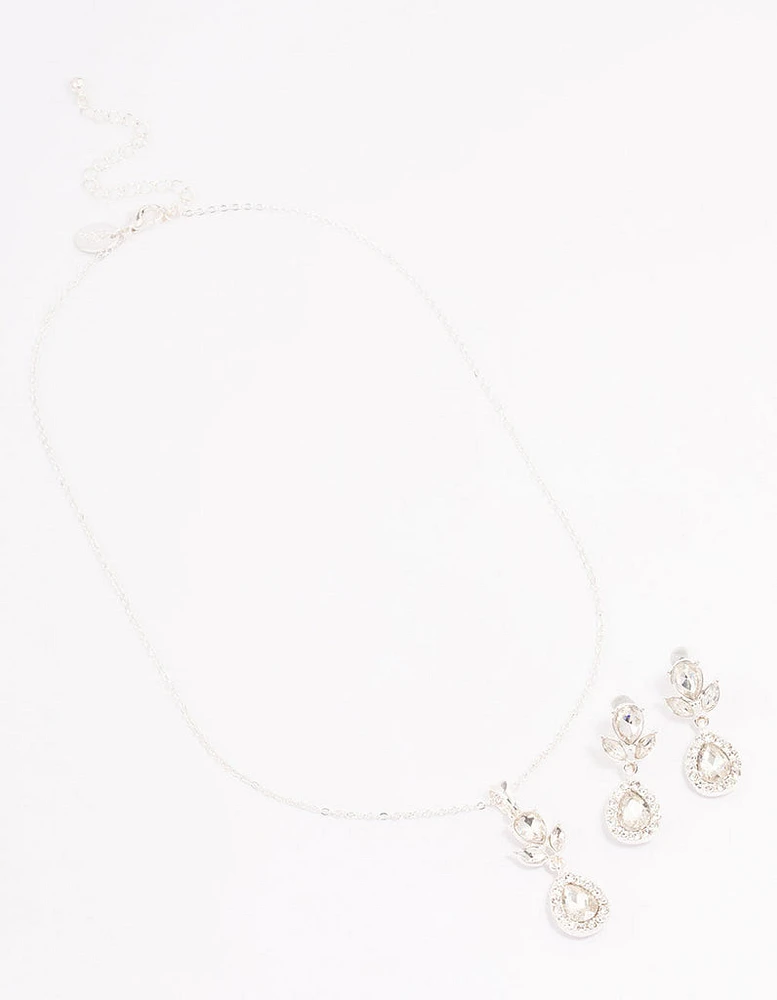 Silver Diamante Leaf Pearl Jewellery Set