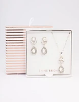 Silver Diamante Leaf Pearl Jewellery Set