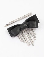 Rhodium Fringe Bow Hair Clip Pack