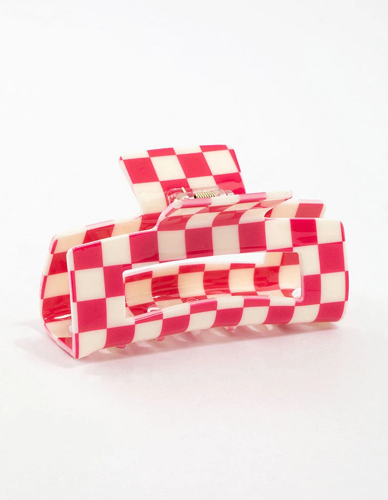 Pink Acrylic Rectangular Check Hair Claw Clip