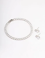 Rhodium Cubic Zirconia Round Graduating Earrings & Tennis Bracelet Set