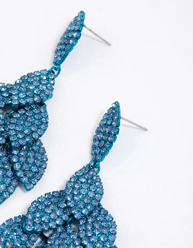 Blue Diamante Multi Leaf Drop Earrings