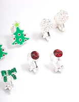 Kids Christmas Glitter Bow Clip On Earrings 5-Pack