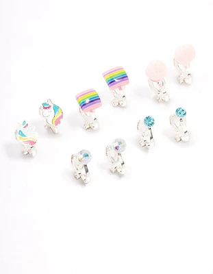 Kids Unicorn & Pom Pom Clip On Earrings 5-Pack