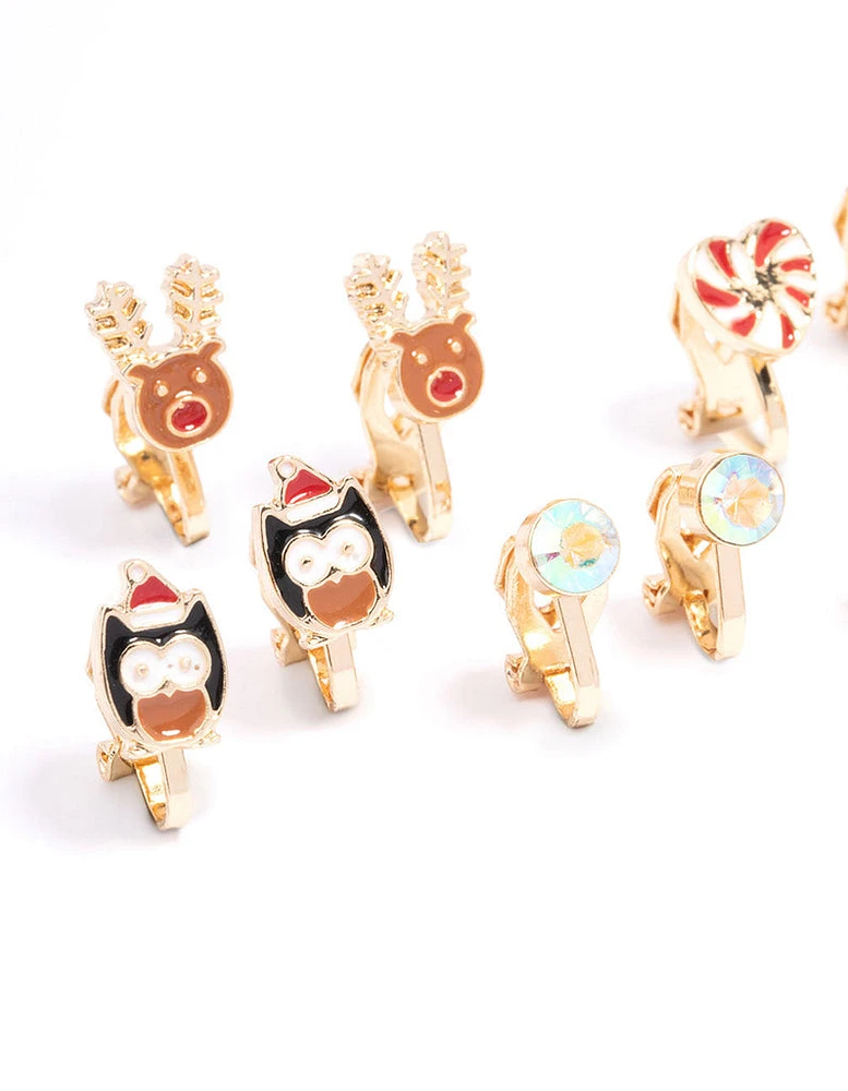 Kids Gold Christmas Clip On Earrings 5-Pack