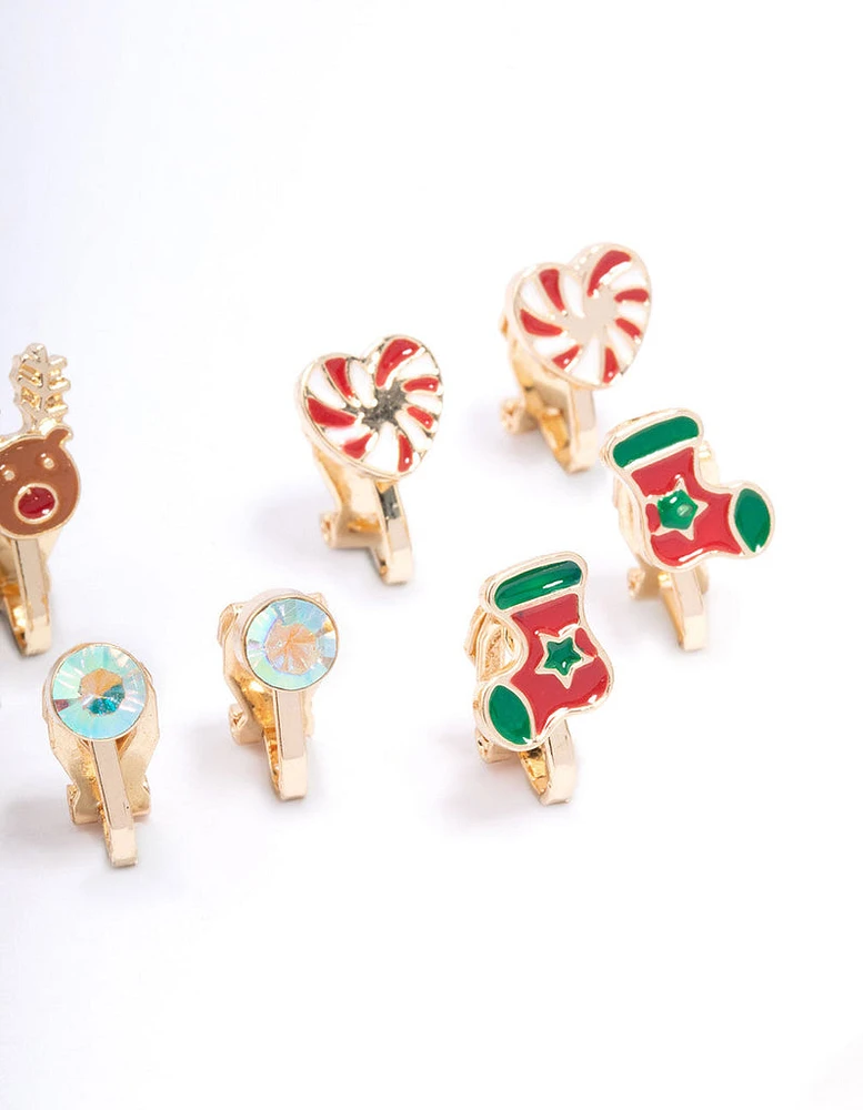 Kids Gold Christmas Clip On Earrings 5-Pack