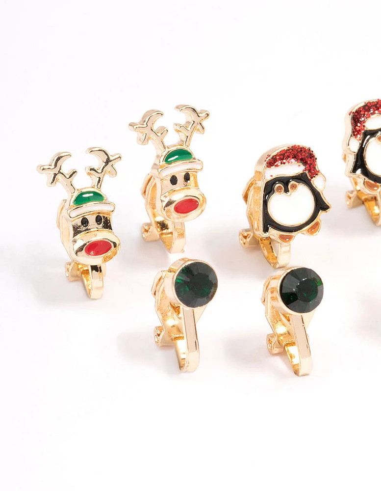 Kids Christmas Penguin Clip On Earrings 5-Pack