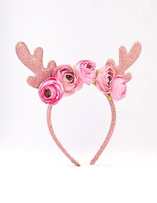 Kids Fabric Christmas Glitter & Flower Antler Headband