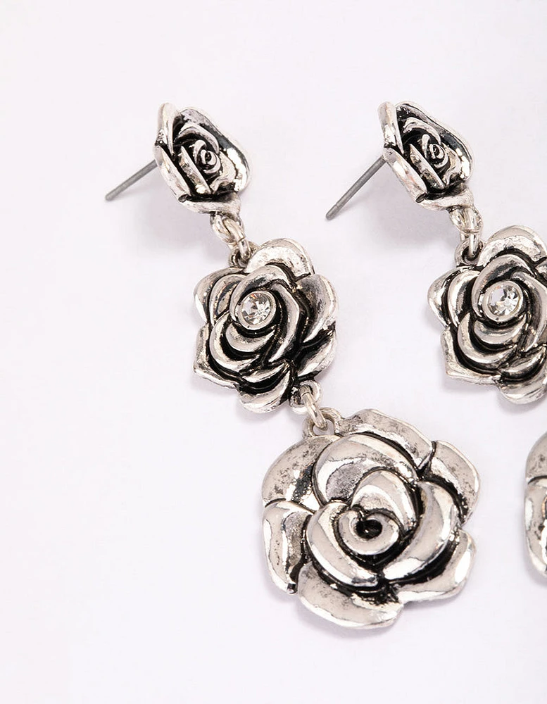 Antique Silver Triple Row Diamante Flower Drop Earrings