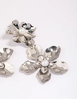 Rhodium Double Layer Pearl Flower Drop Earrings
