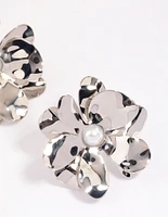 Rhodium Large Pearly Flower Stud Earrings