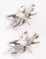 Rhodium Large Pearly Flower Stud Earrings
