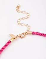 Gold & Pink Twisted Cord Flower Heart Pendant Necklace
