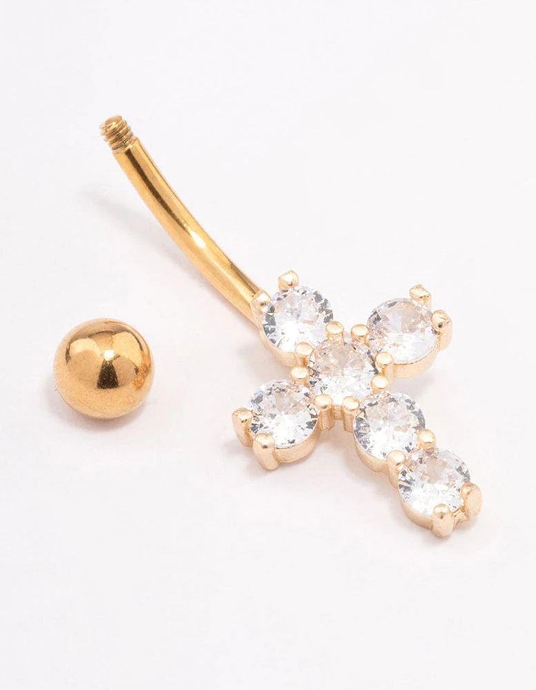 Gold Plated Surgical Steel Round Cubic Zirconia Cross Belly Ring