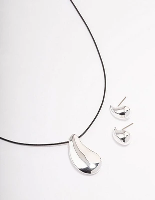 Rhodium Bold Teardrop Necklace & Earrings Jewellery Set