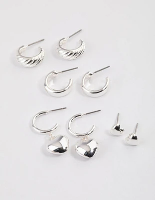 Silver Puffy Heart & Hoop Earrings 4-Pack