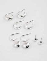 Silver Puffy Heart & Hoop Earrings 4-Pack