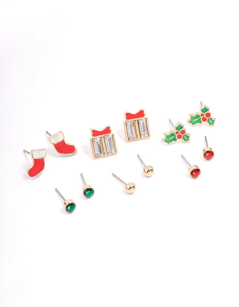 Kids Christmas Present Stud Earrings 6-Pack