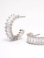 Rhodium Cubic Zirconia Baguette Hoop Earrings