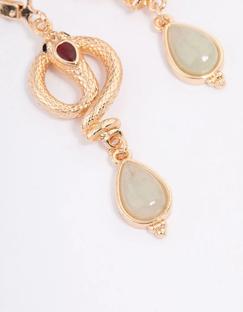 Gold & Green Snake Teardrop Pendant Earrings