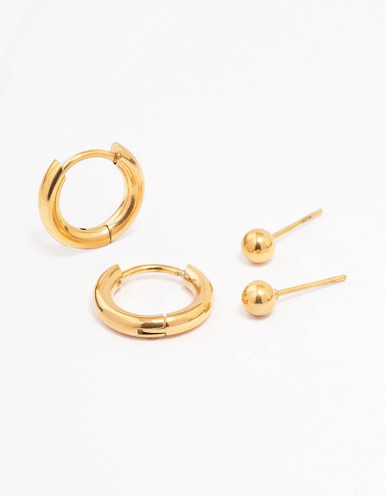 Gold Plated Surgical Steel Plain Stud & Huggie Earring Pack