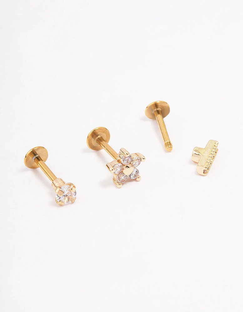 Gold Plated Surgical Steel Cubic Zirconia Floral Flat Back 3-Pack