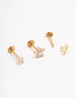 Gold Plated Surgical Steel Cubic Zirconia Floral Flat Back 3-Pack