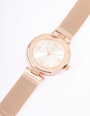 Rose Gold Coloured Crystal & Mesh Watch