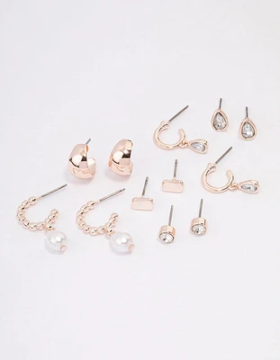 Rose Gold Diamante & Pearl Mixed Earrings 6-Pack