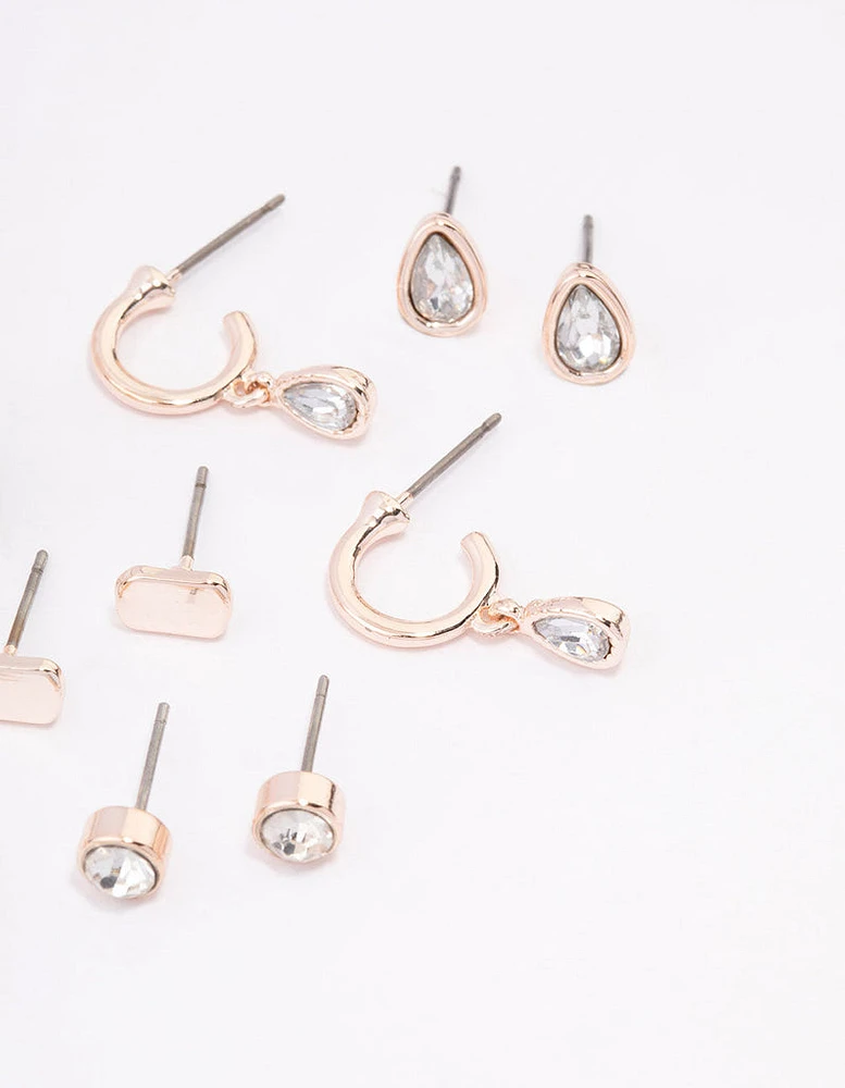 Rose Gold Diamante & Pearl Mixed Earrings 6-Pack