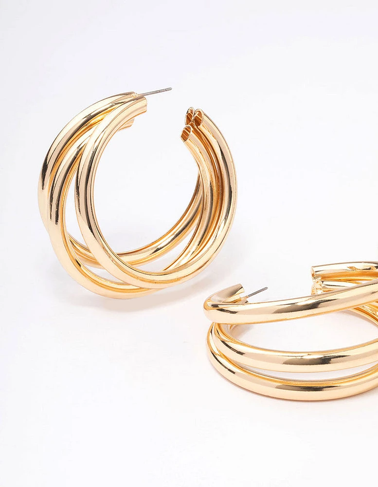 Gold Triple Row Large Hoop Earrings