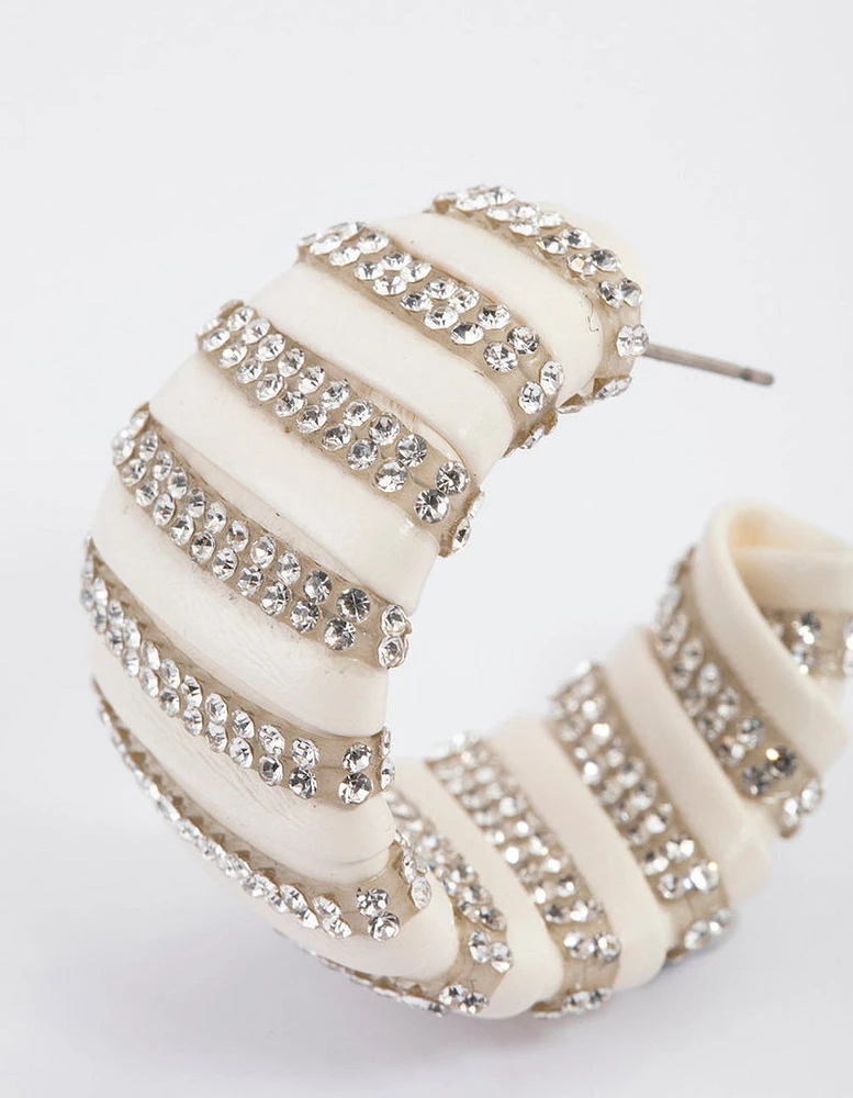 Silver White Diamante Hoop Earrings