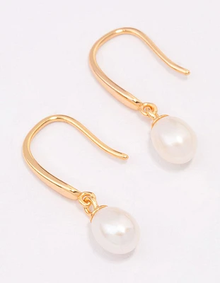 Gold Plated Sterling Silver Freshwater Pearl Fish Hook Earrings
