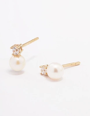 Gold Plated Sterling Silver Cubic Zirconia & Freshwater Pearl Stud Earrings