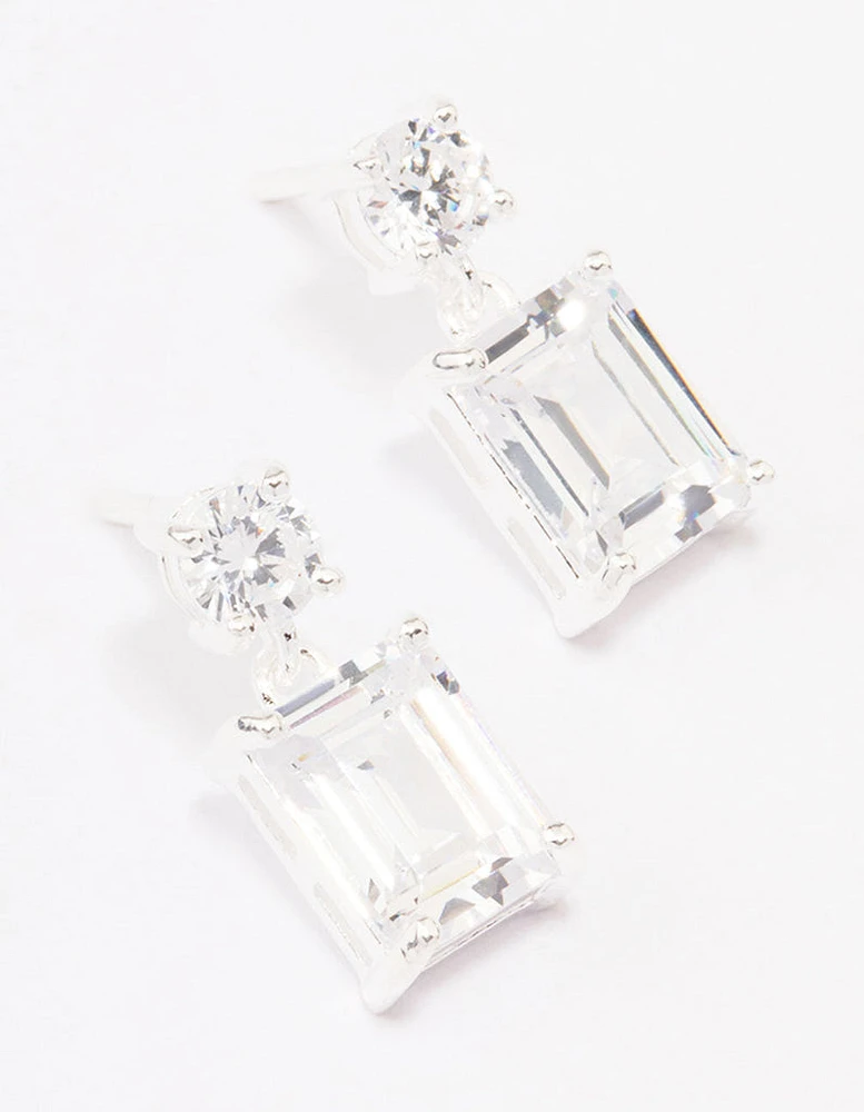 Sterling Silver Cubic Zirconia Emerald Cut Drop Earrings