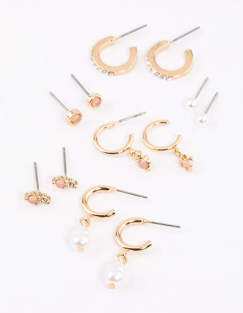Gold Blush Diamante Pearl Earrings 6-Pack