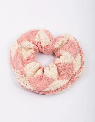 Pink & Cream Checkered Knitted Hair Scrunchie