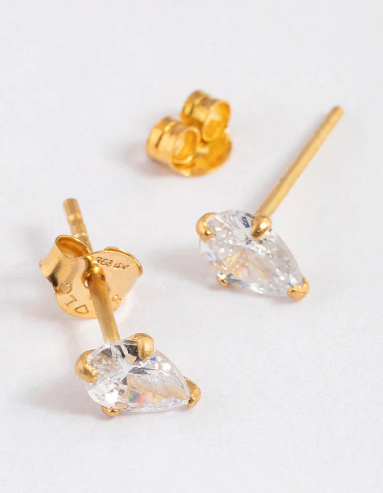 Gold Plated Sterling Silver Pear Cubic Zirconia Stud Earrings