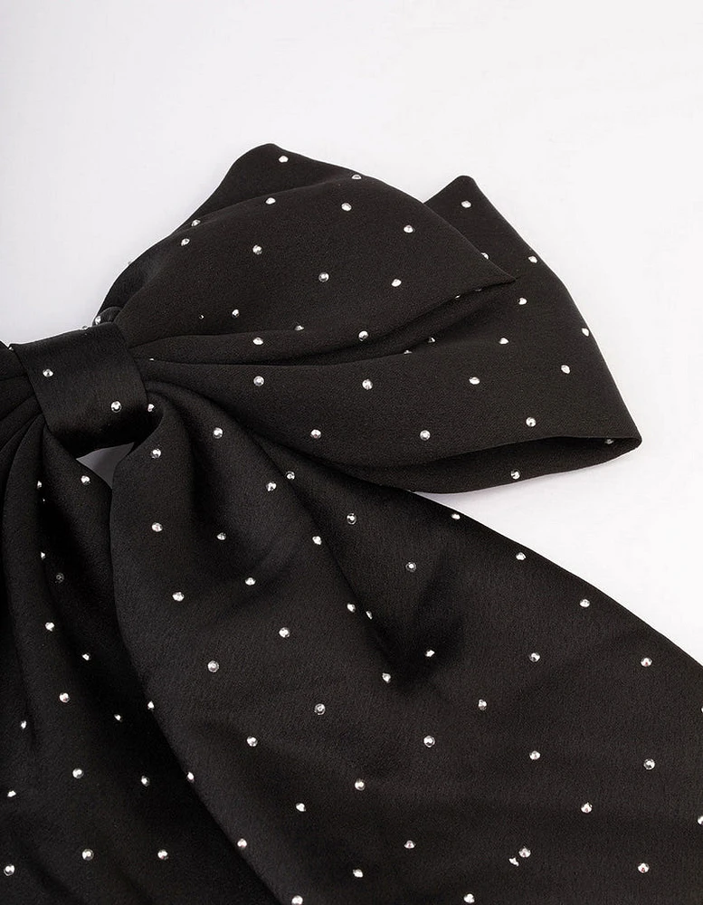 Black Diamante Satin Drop Hair Bow Clip